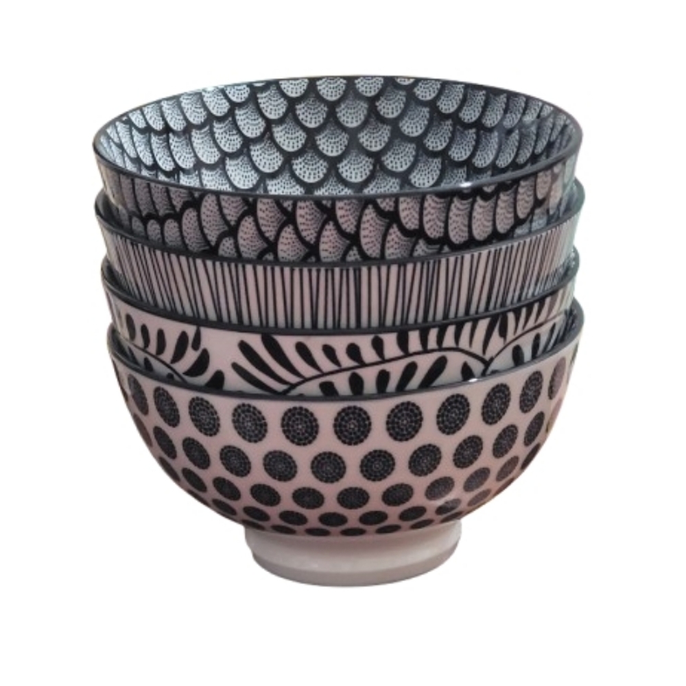 10 Oz Cereal Bowls Black White Patterned Bowls 4 Piece Japanese Style